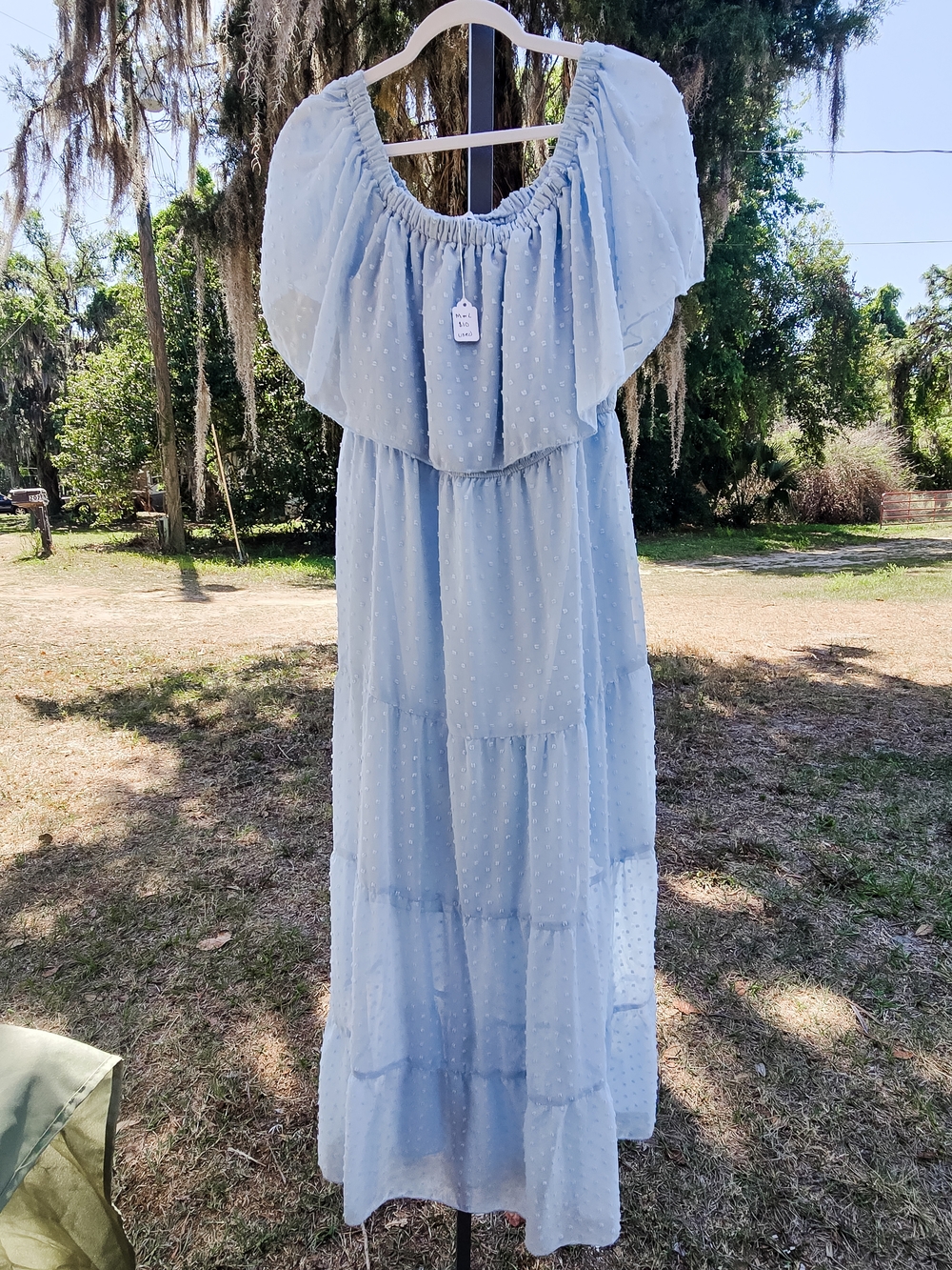 Light Blue Swiss Dot Tiered Maxi Dress